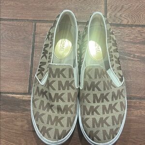 Michael Kors Tan and Brown Logo Slip-On Shoes